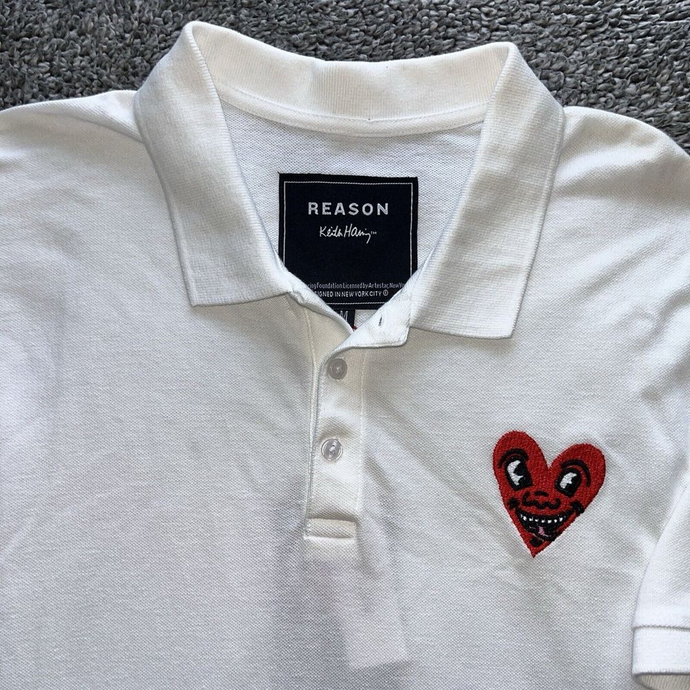 Reason Polo Shirt Mens Medium White New Keith Haring Heart Embroidered KHR-WHT
